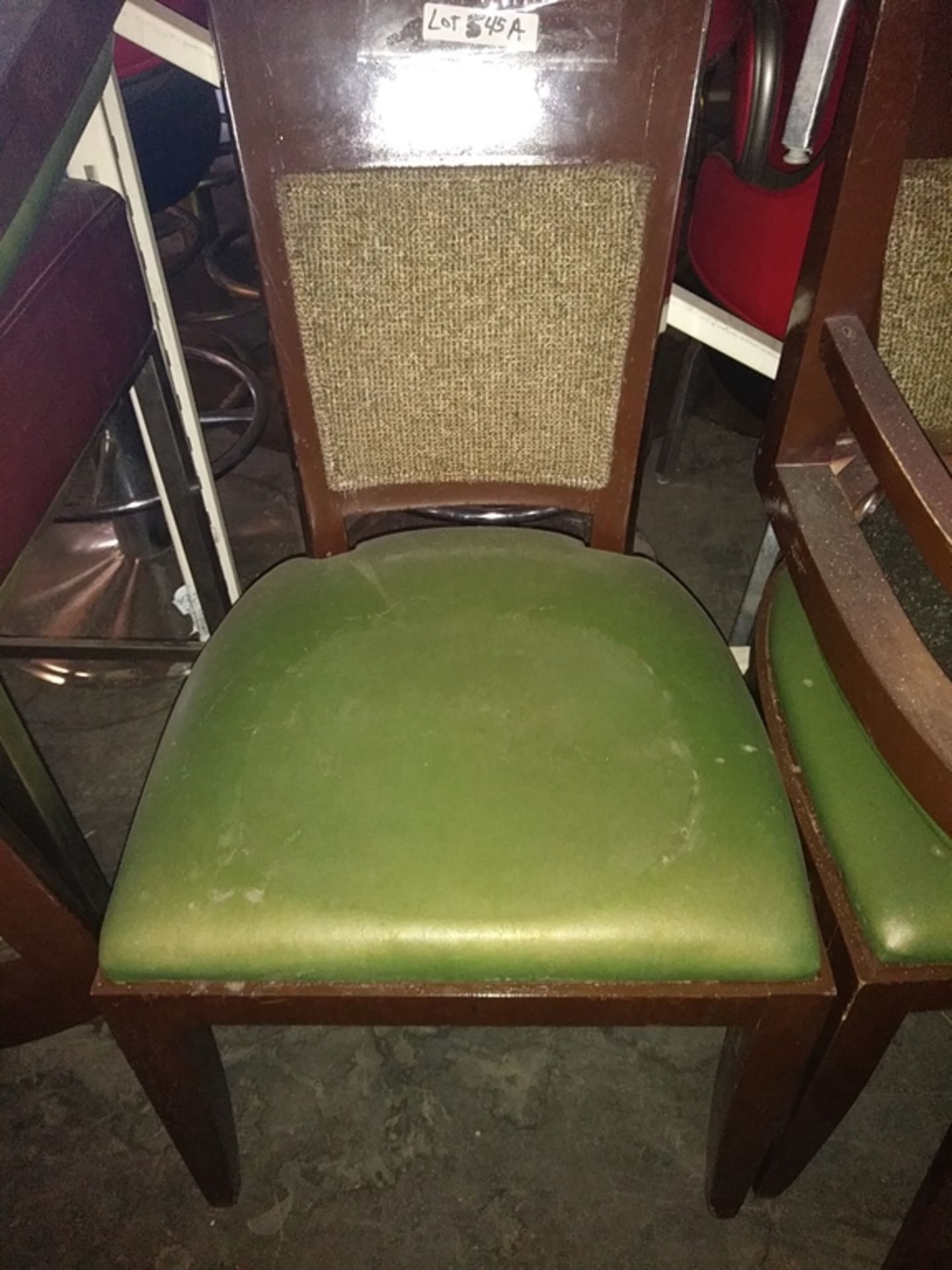 GREEN LEATHER / CLOTH / WOODEN FRAME DINING CHAIR (QTY X MONEY)
