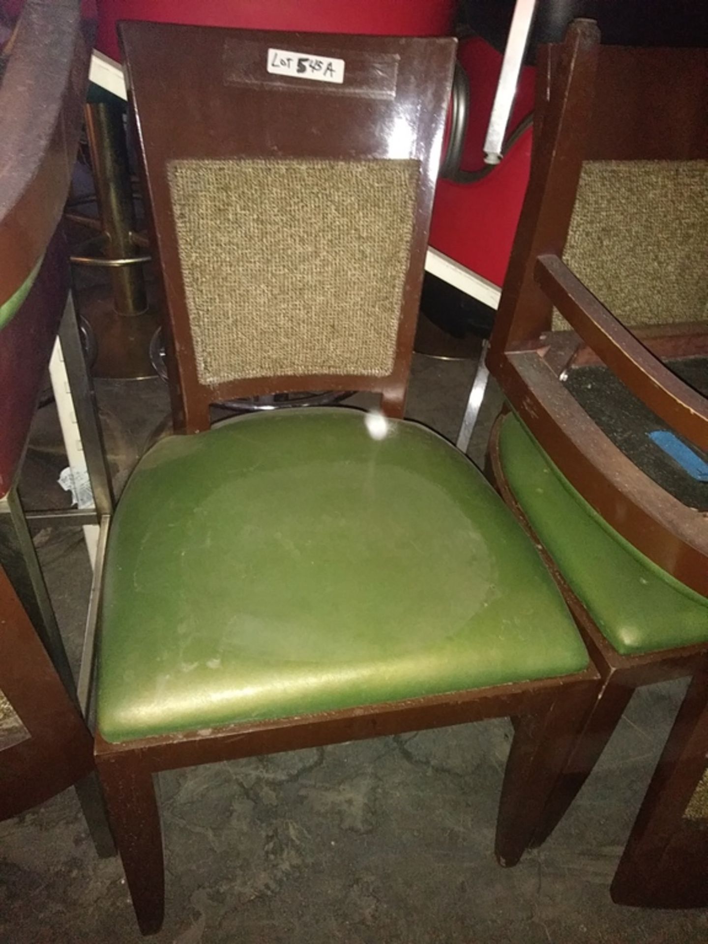GREEN LEATHER / CLOTH / WOODEN FRAME DINING CHAIR (QTY X MONEY) - Image 2 of 2