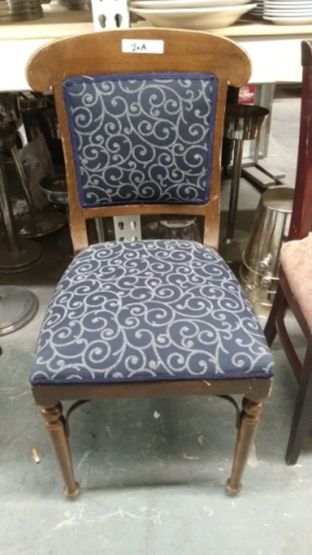 WOODEN FRAMED BLUE FLORAL DESIGN DINING CHAIRS (QTY X MONEY)