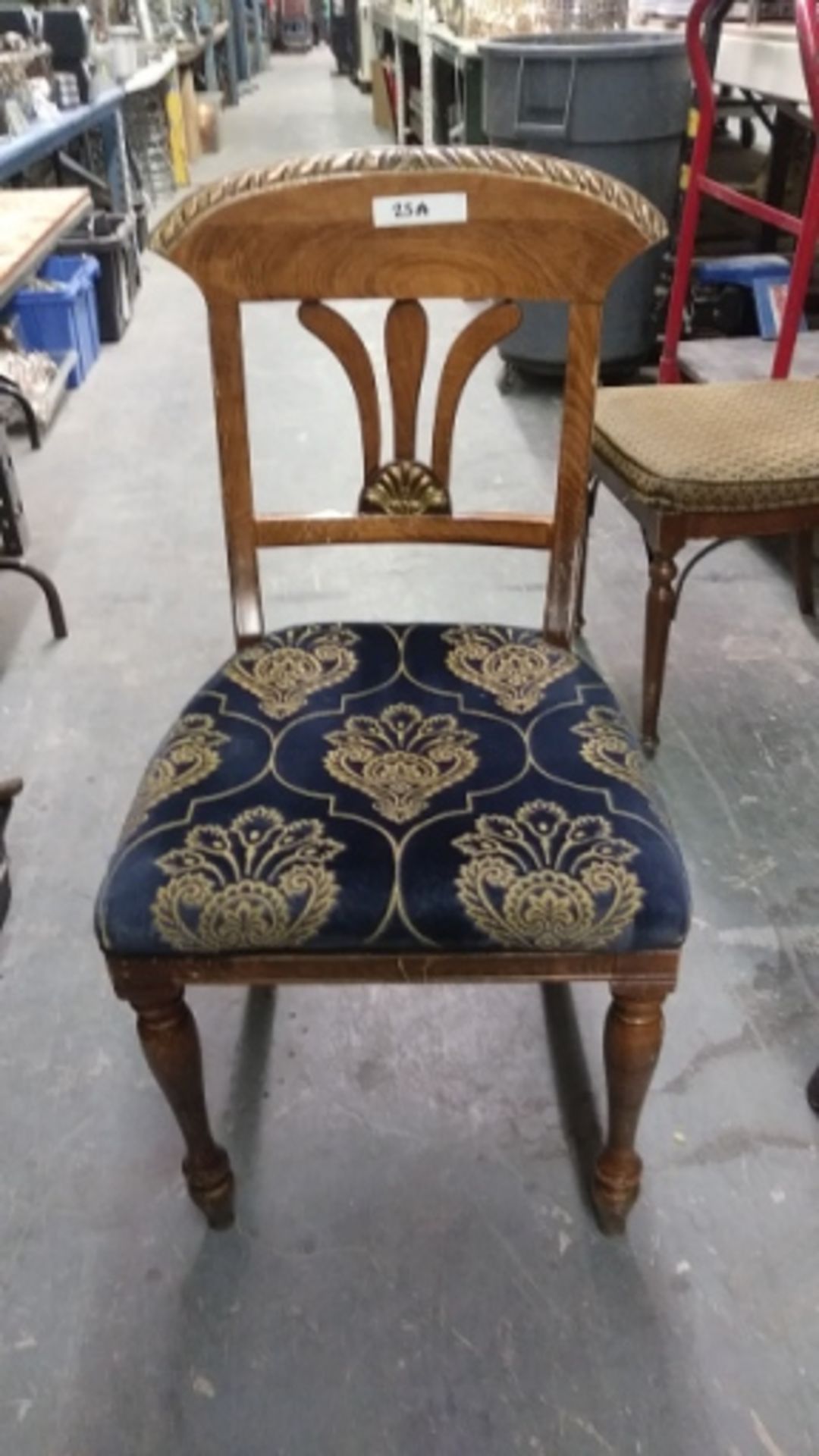 WOODEN FRAMED BLUE / GOLD FLORAL DESIGN DINING CHAIRS (QTY X MONEY)