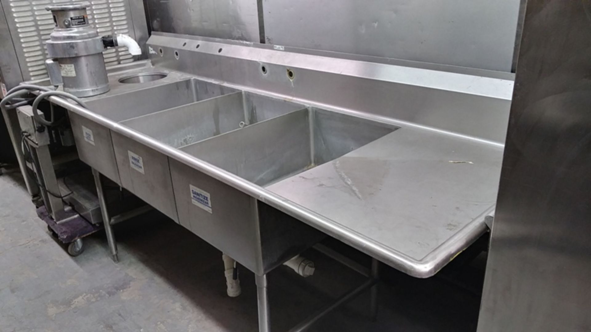 9 FT STAINLESS STEEL 3-COMPARTMENT SINK WITH IN SINK ERATOR
