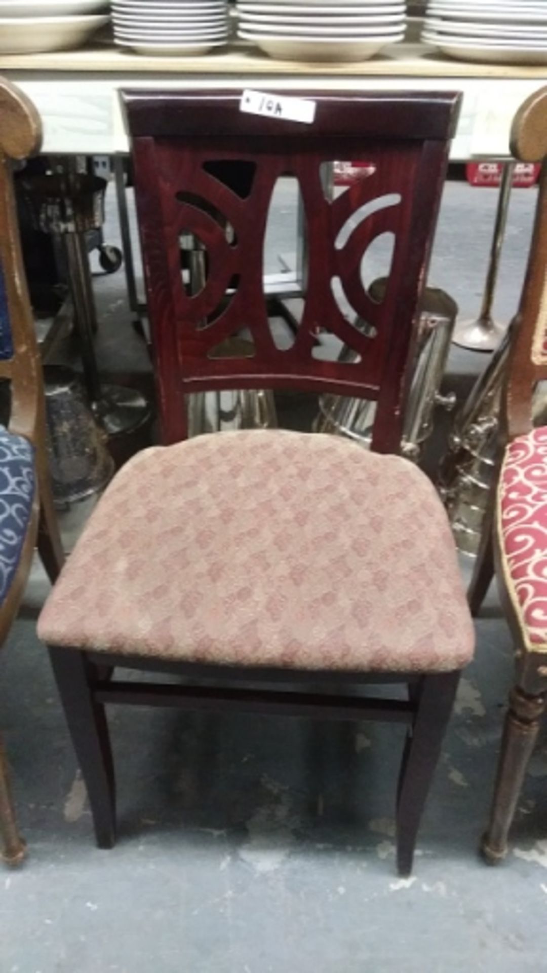 WOODEN FRAMED RED / GOLD DESIGN DINING CHAIRS (QTY X YOUR BID)