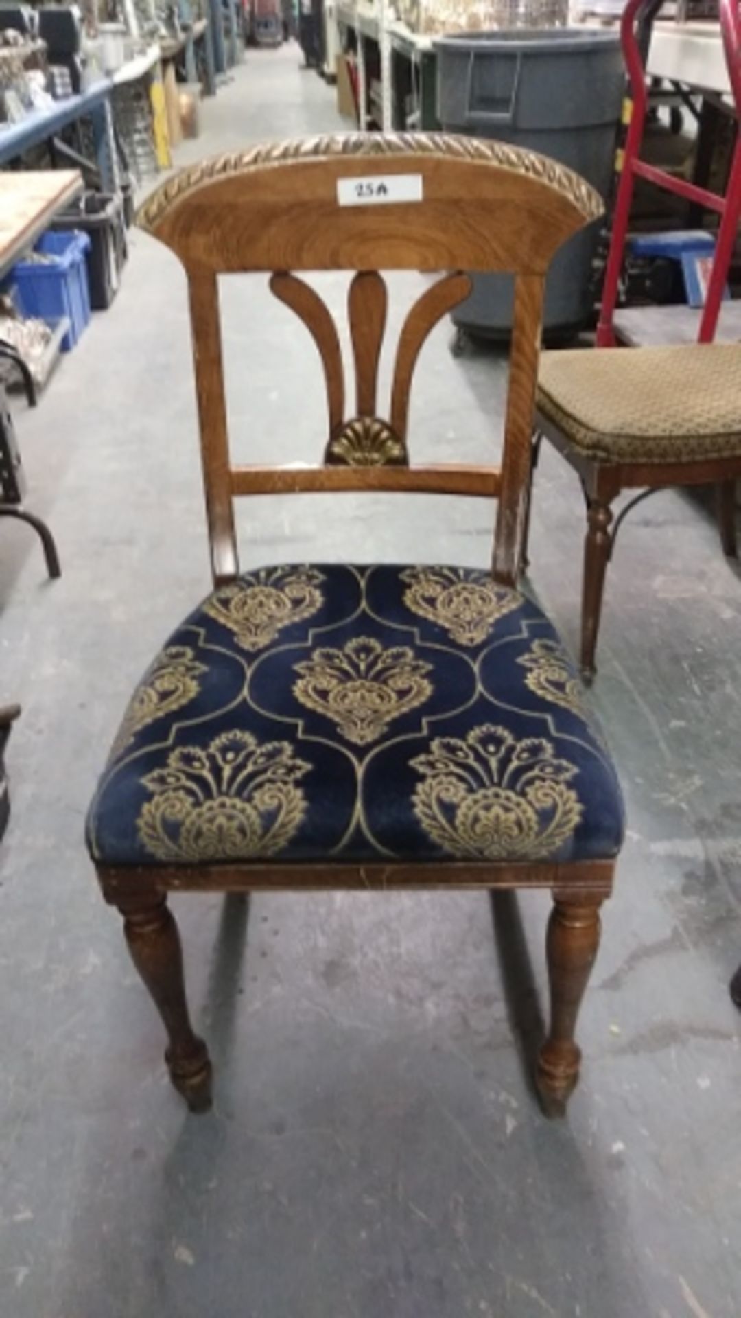 WOODEN FRAMED BLUE / GOLD FLORAL DESIGN DINING CHAIRS (QTY X YOUR BID)