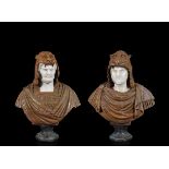 A pair of polychrome marbles chests of Roman centurions with a lion headgear