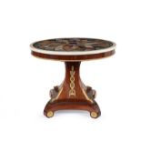 A Roman mahogany center table with polychrome marbles inlaid circular top