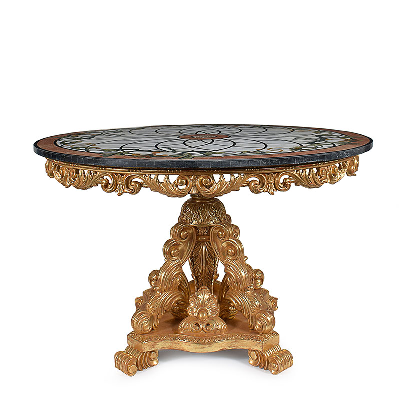 A gilt wood center table with polychrome inlaid marbles round top