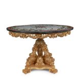 A gilt wood center table with polychrome inlaid marbles round top