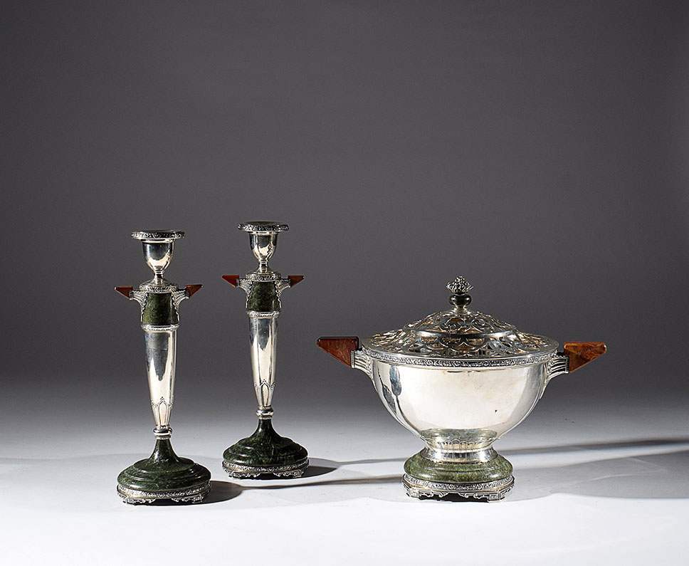 An elegant silver, diaspro and jade triptych