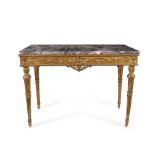 A Genoese gilt wood console with a rectangular fior di pesco marble top