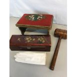 Victorian beaded top folding foot stool, Chinese lacquered glove box, Gloves & Large wooden hammer