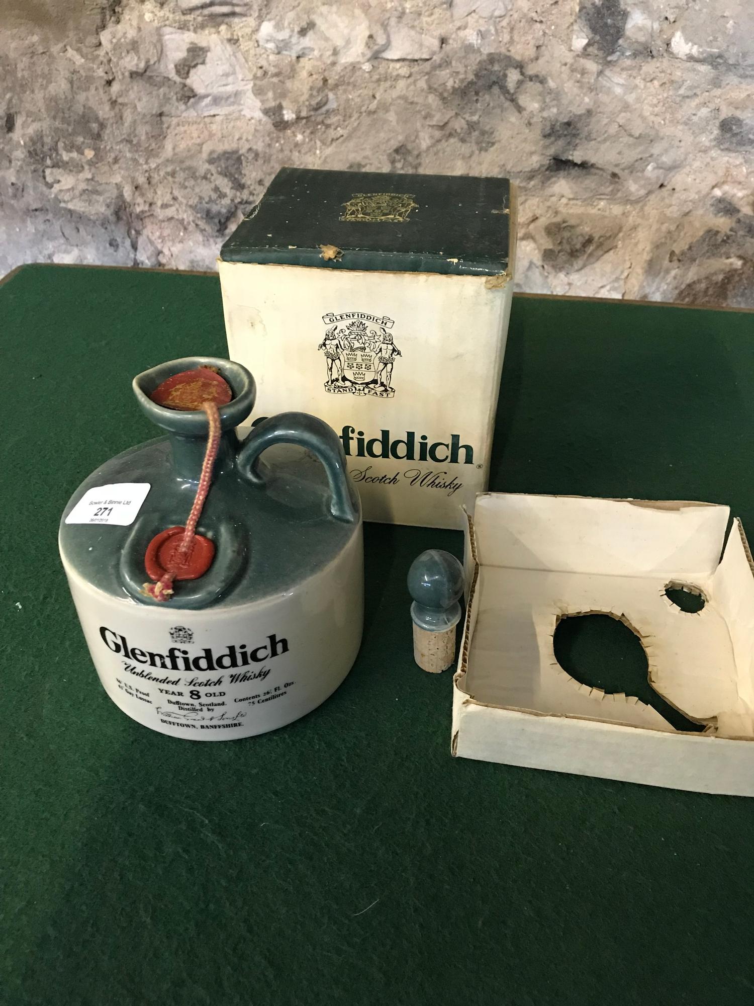Glenfiddich 8 year old ceramic decanter, unblended Scotch whisky, Full & sealed. 86 US Proof. with