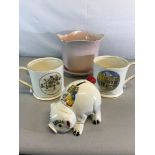 2 Large Gladstone mugs, Hand painted pig bank & Royal Winton planter with under plate