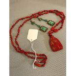 Vintage Neiger Bros 1920's Art Deco red pressed glass Egyptian revival pendant necklace with 2