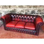 Chesterfield Ox blood red 3 seat settee with matching tub chair