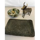 Bronze ox figure, Japanese crane bowl & flower design bronzed pin dish