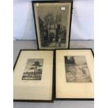 3 various etchings & prints depicting fisherman, stag & church. All signed by various artists