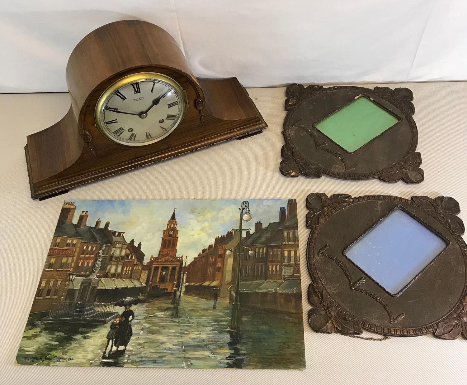 Hood & Son, Dunfermline 2 hole mantle clock, Oil painting on board and two antique photo frames