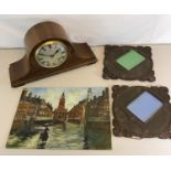 Hood & Son, Dunfermline 2 hole mantle clock, Oil painting on board and two antique photo frames