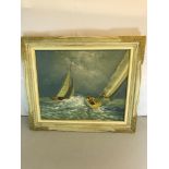 Oil painting depicting yachts sailing on choppy waters signed G Owens fitted in a ornate frame
