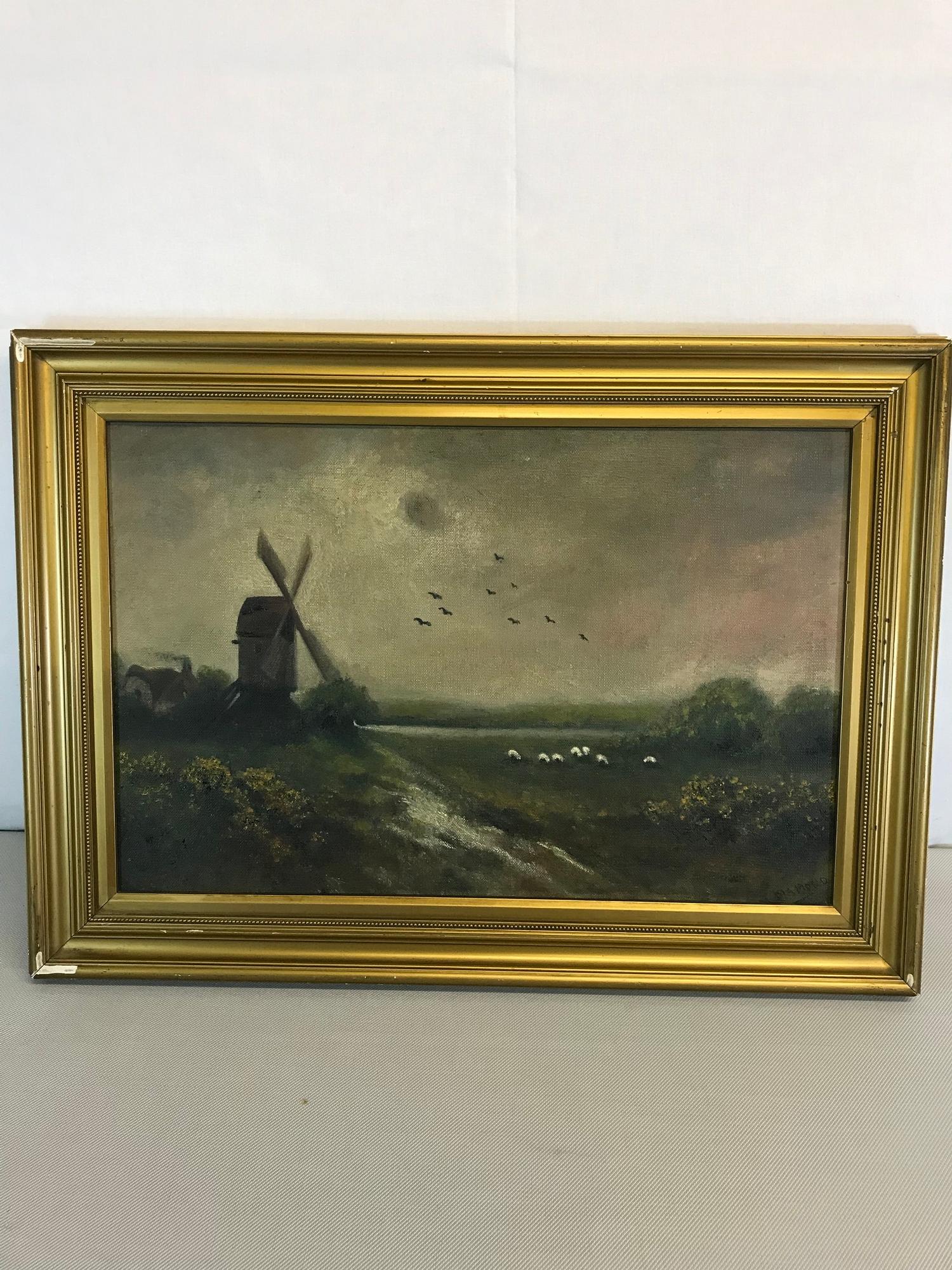 Oil painting on board depicting windmill & landscape signed M Diamond