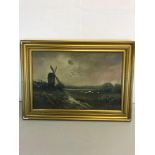 Oil painting on board depicting windmill & landscape signed M Diamond