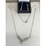 9ct white gold necklace with ornate pendant together with 9ct gold drop earrings