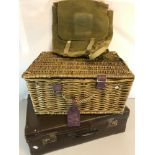 Army nap sack , Vintage suitcase & wicker hamper basket