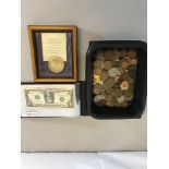 Album of 20 various country banknotes, Tub of world coins & Framed coin