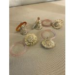 5 Oriental Filigree silver baby rattles with Jade style bangles