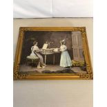 Victorian crystoleum of lady playing piano & lady with flowers fitted on a gilt frame