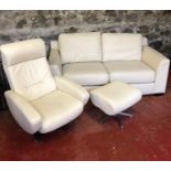 Cream leather "charisma" 2 seat sofa together with matching swivel bucket chair & matching stool