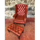 Chesterfield button back gull wing chair with matching stool