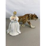 Royal Dux tiger figurine together with Royal Doulton "Denise" figurine