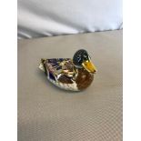 Royal Crown Derby mallard duck paperweight with gold button. 9x14cm