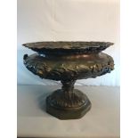 Large cold painted bronze urn, depicting foliage & lion heads. measures 42x59cm. very heavy & ornate