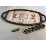 Vintage butterfly wing display serving tray, Trench art lighter & Brass "Mind the step" sign.