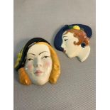 2 Moorland Pottery Art Deco lady face masks