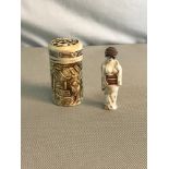 19th century carved netsuke geisha figure signed to the base together with carved bone storage jar