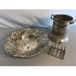 Silver plated ornate bowl, 2 sugar tongs, Silver plated ice bucket & toast rack