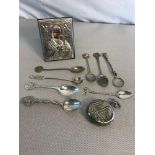 Collection of 800 Grade silver & white metal spoons, Silver religious icon and modern pocket watch.