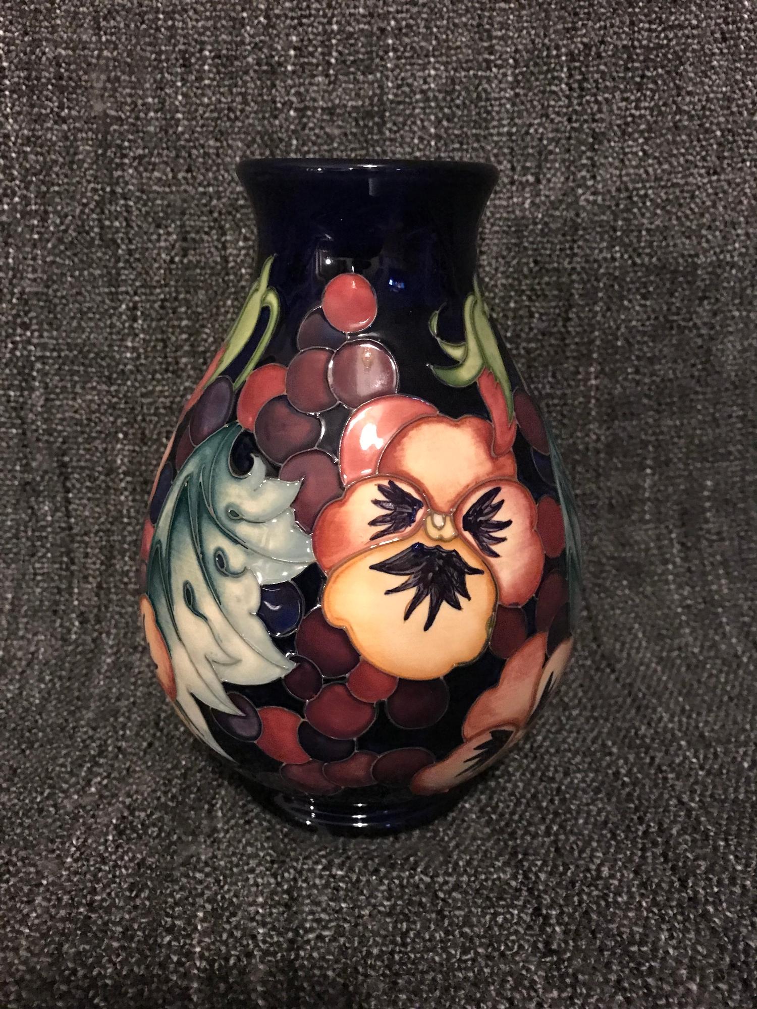 Moorcroft Pansy design vase, signed to the base, 19cm in height. - Image 2 of 3
