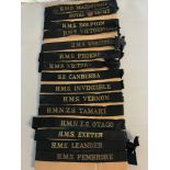 A Collection of naval hat ribbons from different naval ships