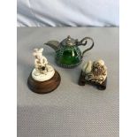 White metal & green glass tea pot Saki tea pot, Carved Indian snake charmer & Buddha figure on