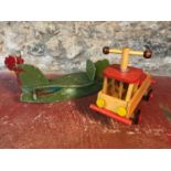 2 Vintage wooden toys which includes sit on car & Hen style rocker