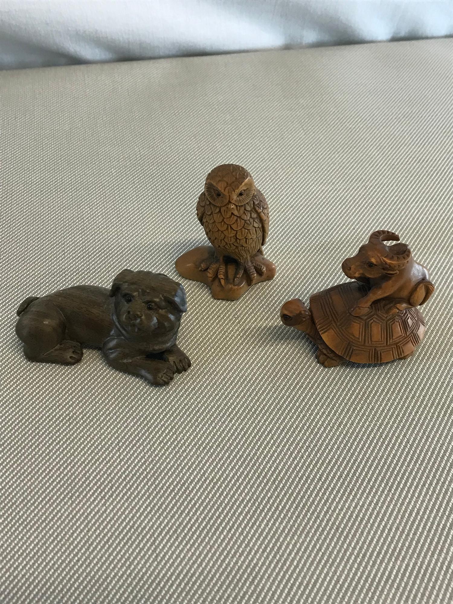 3 Carved wooden netsuke animal figures signed to the bases