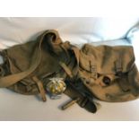 2 Military bags, R.A.F Aviation snuff canister and Vintage AA Badge