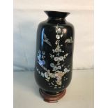 1900's oriental Lacquered painted brass vase with mother of pearl flower and bird design. stands