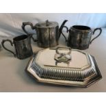 3 Piece EP tea service, together with Walker & Hall serving dish