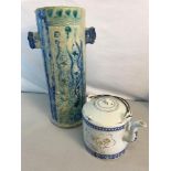 Art pottery fish design vase with stamp to the base, together with an oriental Saki teapot with