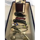 Box of collectable odds to include Pocket knifes, EP Flatware's & Hipflask